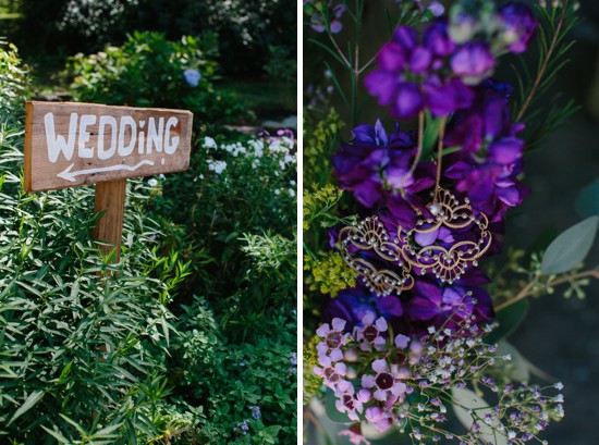 Handwritten wedding sign and purple flower earrings decor