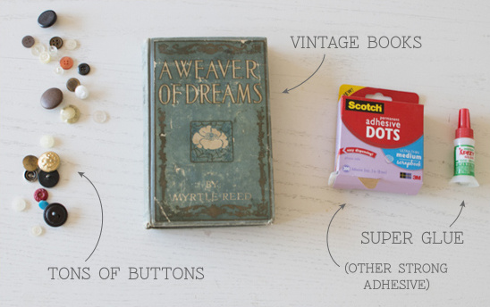 Vintage book, buttons, glue, craft supplies