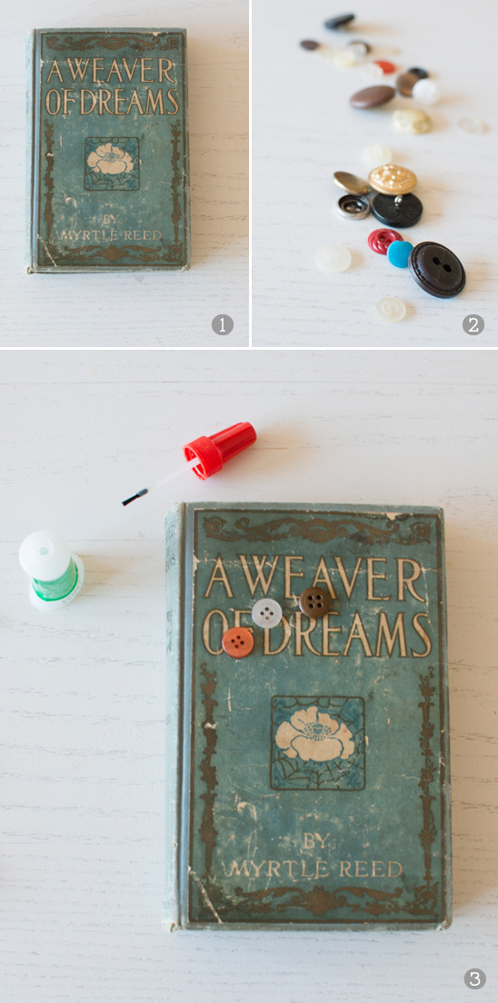 Vintage book, buttons, craft supplies