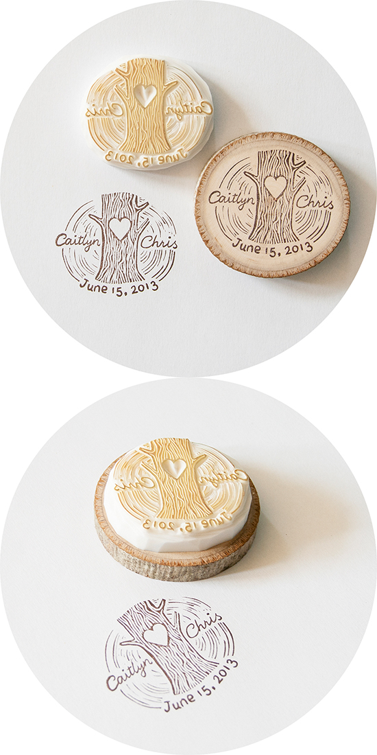 Wedding stamp with heart tree design, names and date