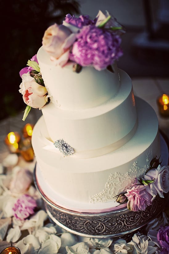 white and purple wedding cake