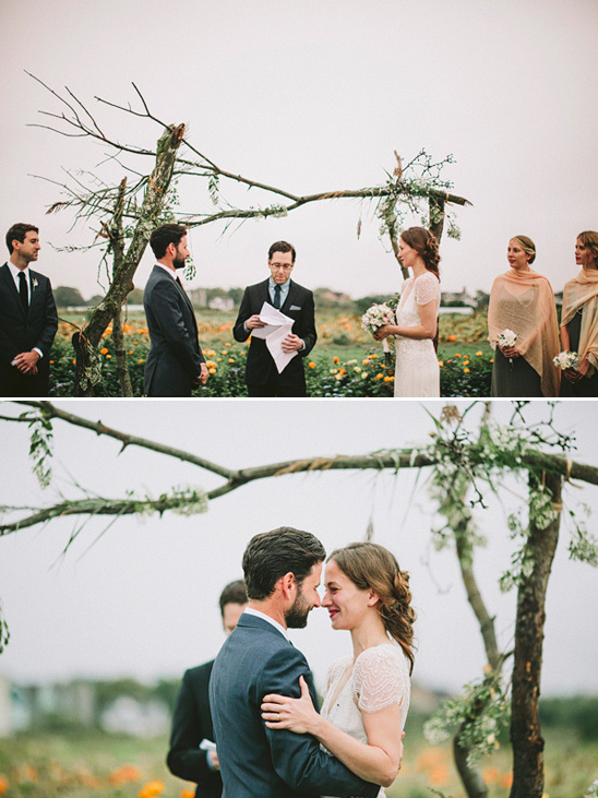 Rustic chic wedding ceremony with happy bride and groom