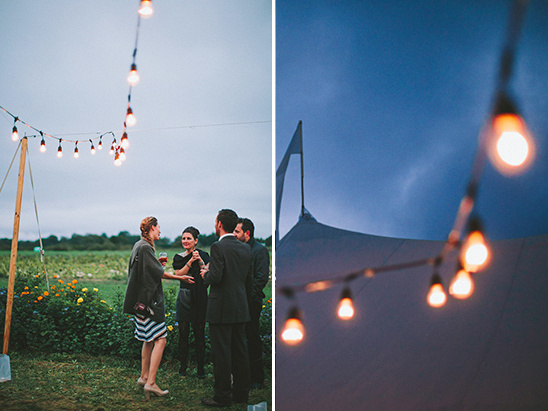 Outdoor party string lights illuminating guests