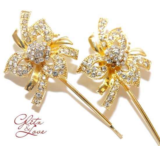 Gold rhinestone bow hair pins, elegant accessory