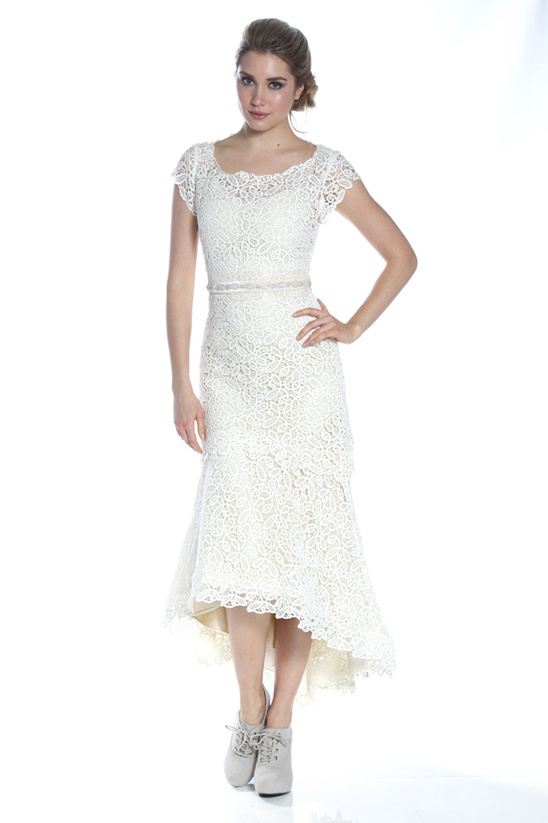 Lace wedding dress with high low hem and gray shoes