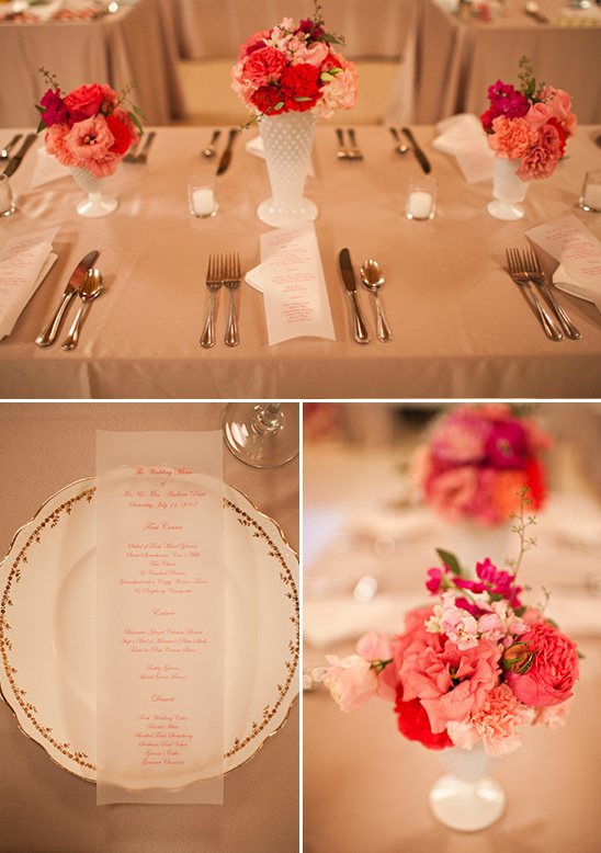 Elegant wedding reception table setting with pink flowers