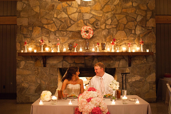 Happy couple's wedding reception by fireplace