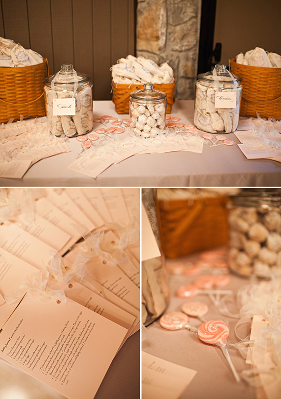 Wedding favor table with cookies, candies, and recipe cards