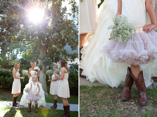 Rustic wedding with bridesmaids, bride, flower girl, and cowboy boots