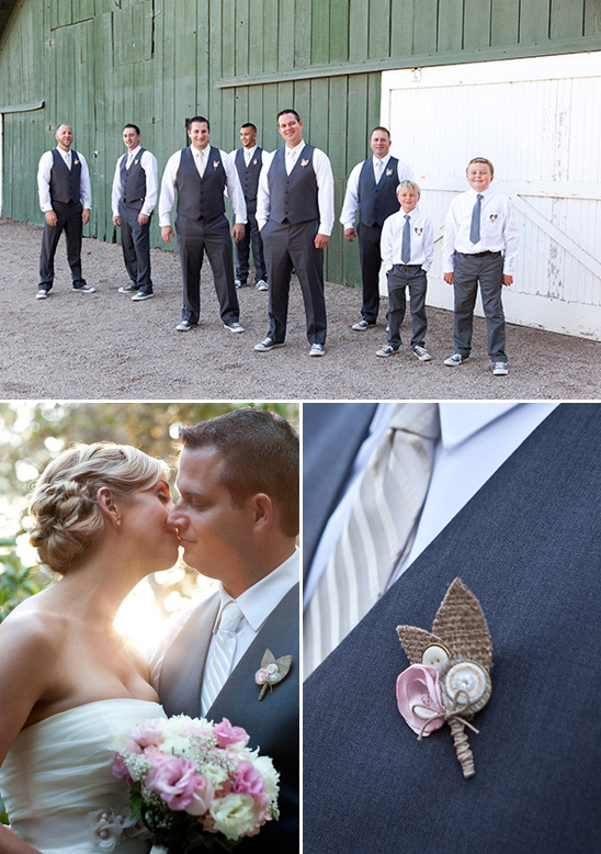 Wedding party poses, bride and groom kiss, flower boutonniere detail