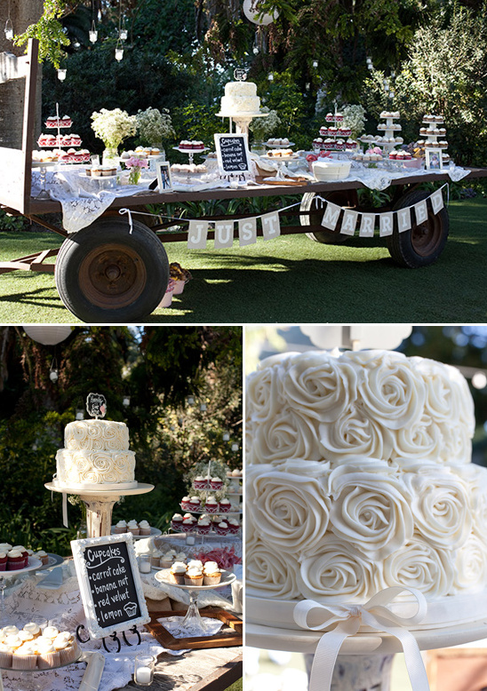 Wedding dessert table with a Just Married banner and cupcakes