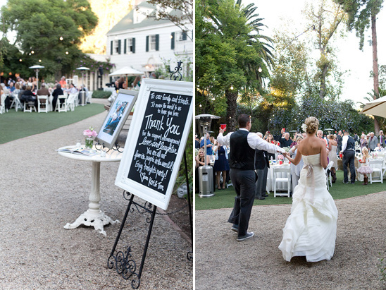 Outdoor wedding with dancing couple and thank you sign