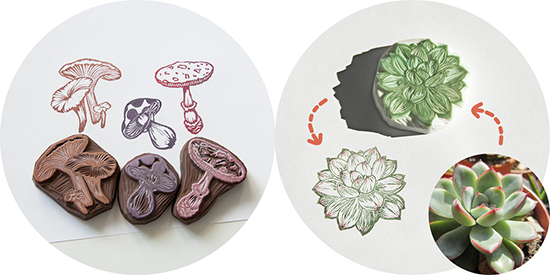 Mushroom and succulent rubber stamps and their imprints