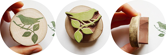 Wooden bird stamps with leaf designs for crafting
