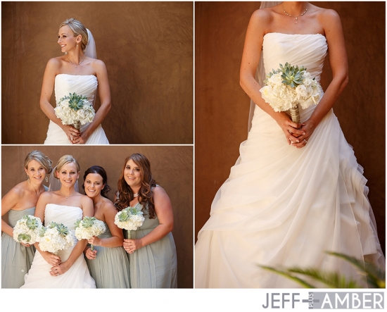 Bride and bridesmaids in strapless dresses at a wedding