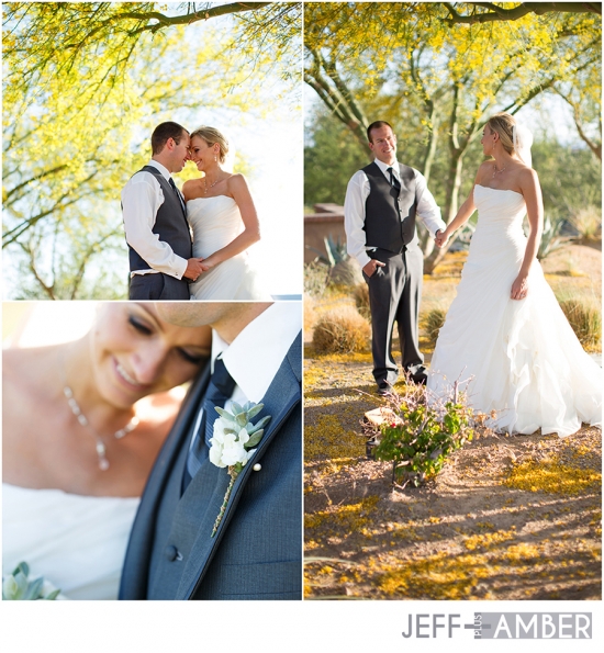 Bride and groom posing for wedding photos outdoors
