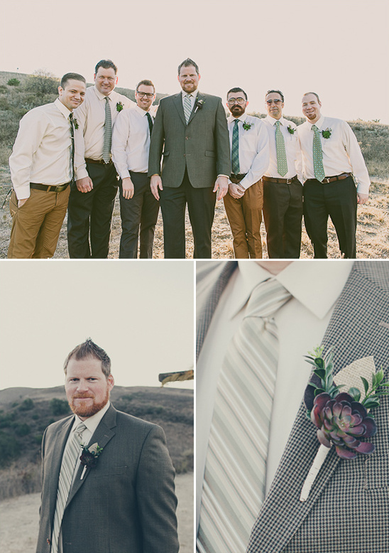 Groom and groomsmen at rustic outdoor wedding