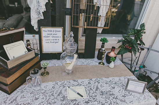 Rustic wedding advice card station with lace tablecloth