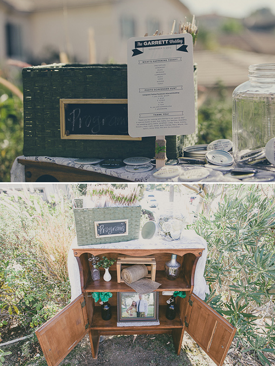 Rustic wedding reception details program and mementos