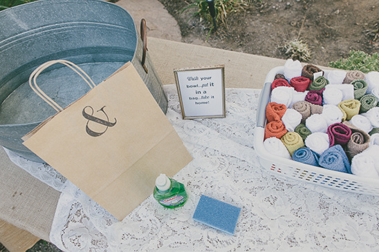 Outdoor guest bathroom setup with towels and washing supplies