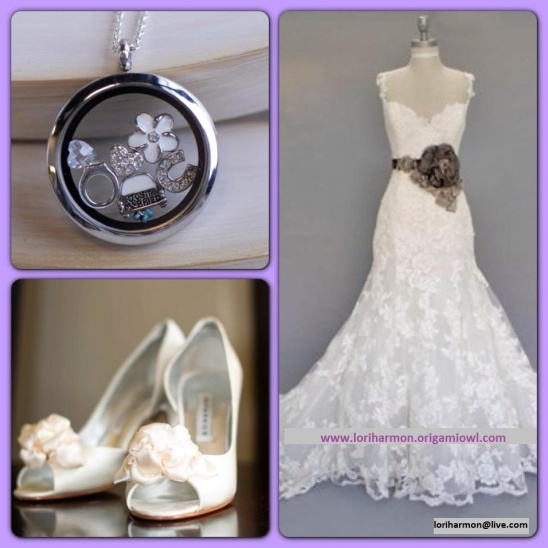 Wedding locket, dress, shoes: bridal ensemble