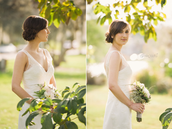 Elegant bride in white gown with bouquet in garden
