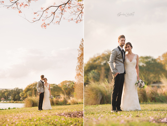 Bride and groom outdoor wedding portrait at sunset