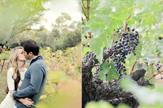 Couple kissing in vineyard with ripe grapes