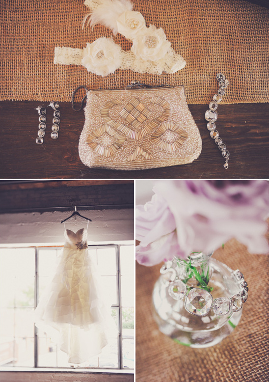 Wedding dress and bridal accessories flat lay image