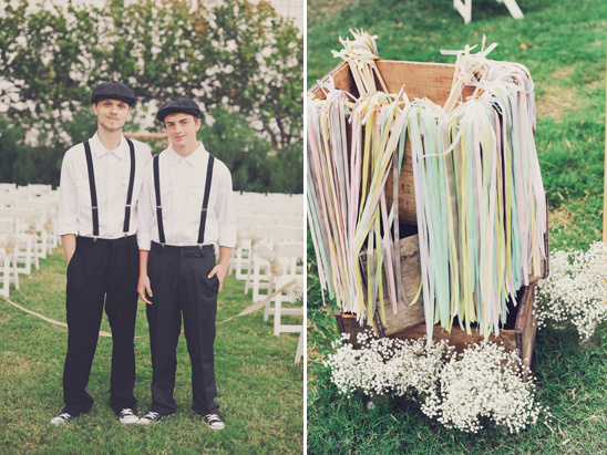 Groomsmen in vintage attire at rustic outdoor wedding