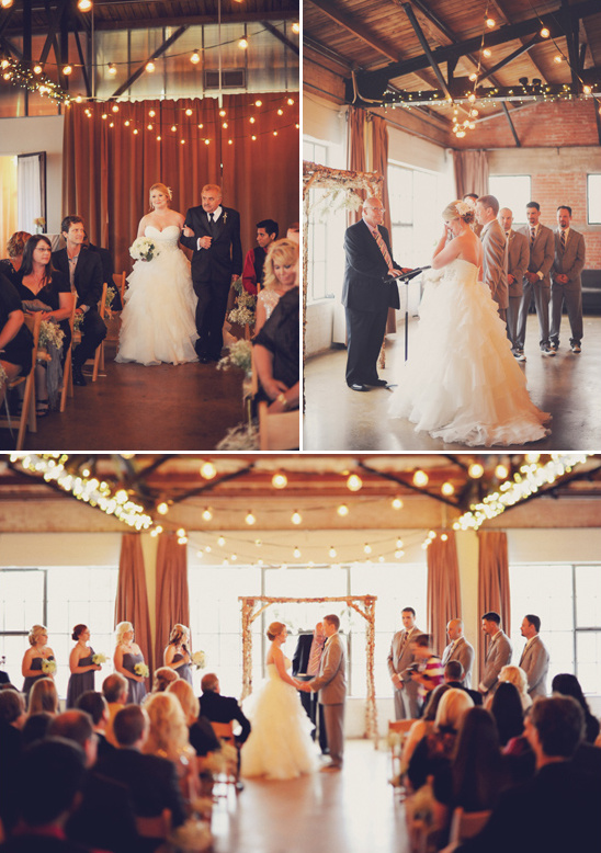 Rustic wedding ceremony with string lights