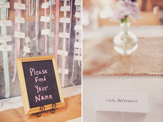 Wedding seating chart with chalkboard sign and place card