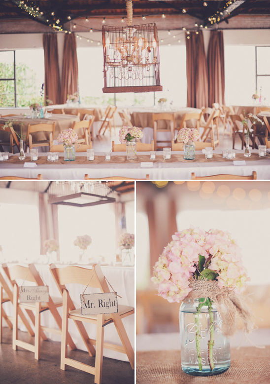 Rustic wedding reception with birdcage chandelier decor