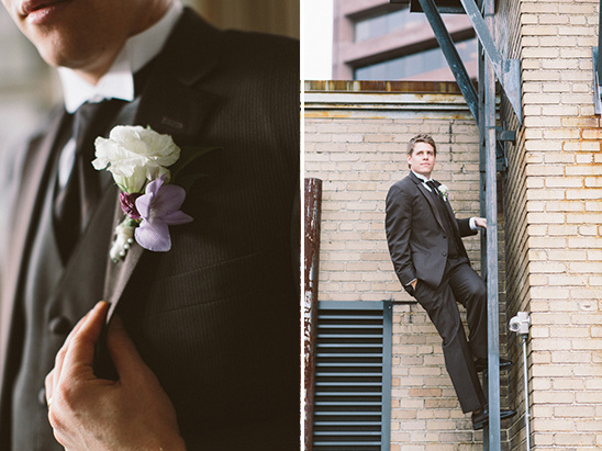 purple and black looks for the groom