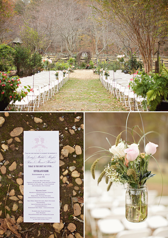 Outdoor wedding ceremony venue with flowers and program