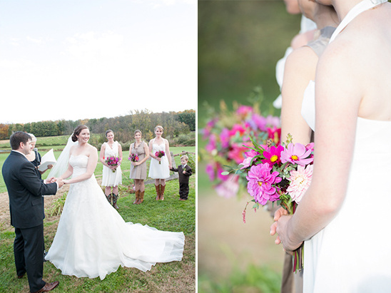 Rustic wedding ceremony with bride, bridesmaids, and colorful bouquet