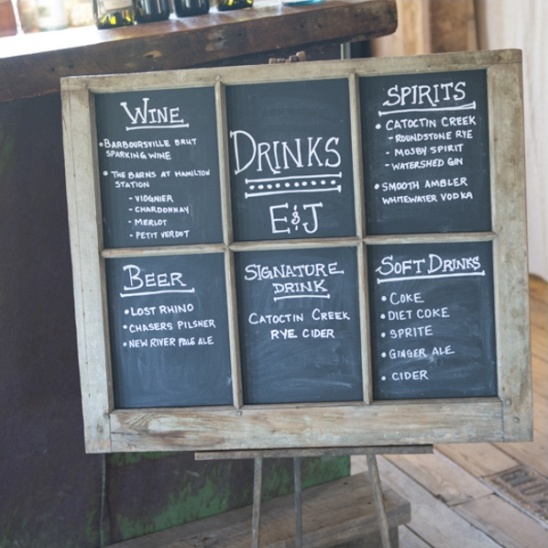 Rustic chalkboard menu: wine, beer, spirits, & soft drinks