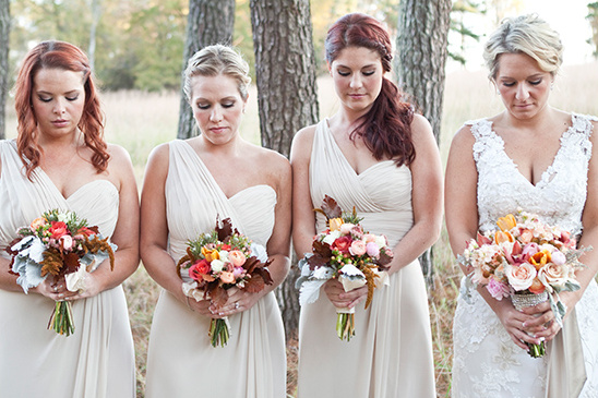 cream bridesmaid dresses and bouquets