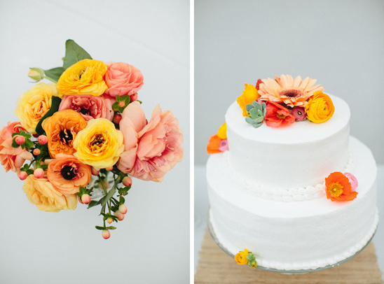 Wedding bouquet and cake with colorful flowers