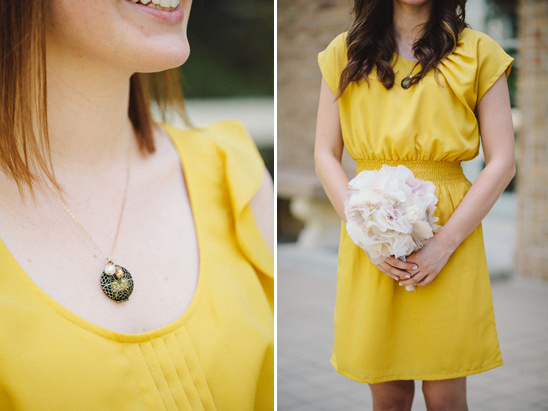 Bridesmaid in yellow dress holding flowers