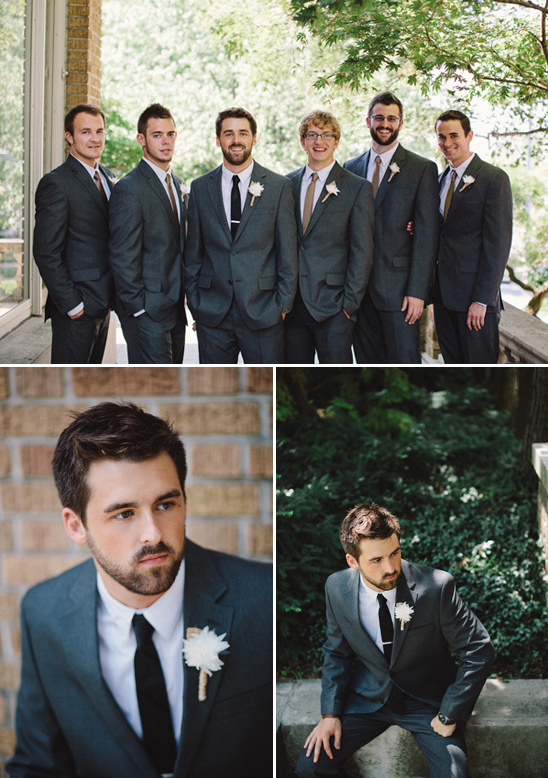 Groomsmen in gray suits at wedding ceremony