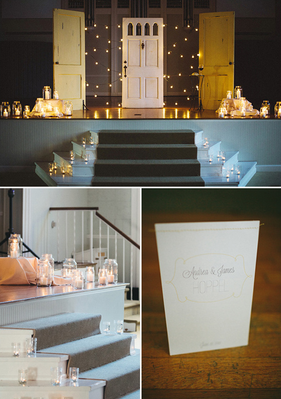 Romantic wedding ceremony setup with candles and doors