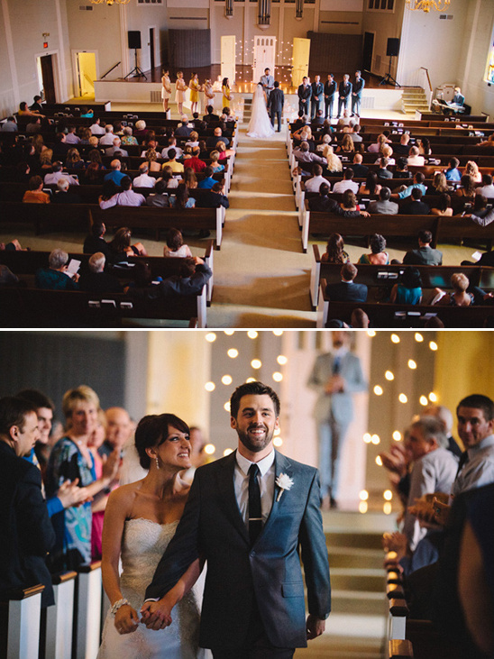 Happy couple exiting church wedding ceremony