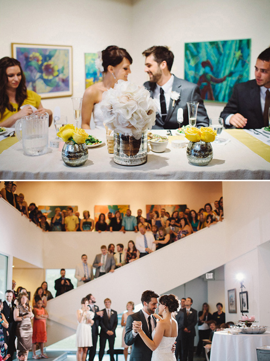 Art museum wedding reception with happy couple