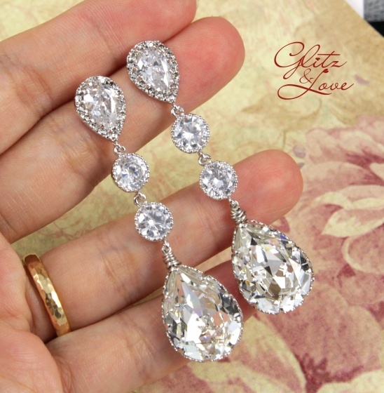 Wanetta - Silver Teardrop Crystal Earrings, Bridesmaid Earrings, Bridal Wedding Jewelry, Swarovski Crystal Drops