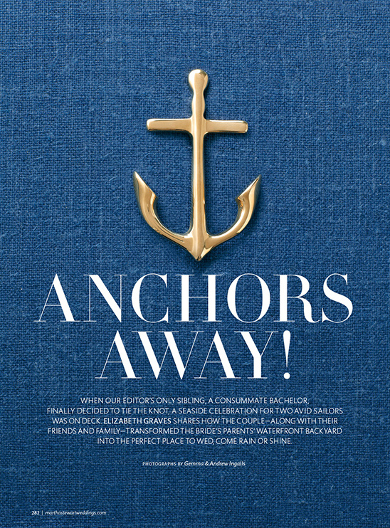 Golden anchor on blue fabric nautical wedding theme