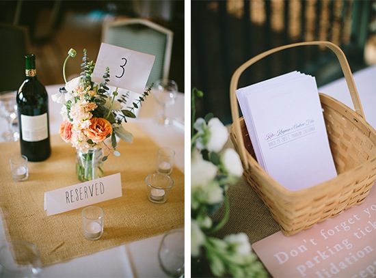 Wedding table decor with flowers wine and reserved sign