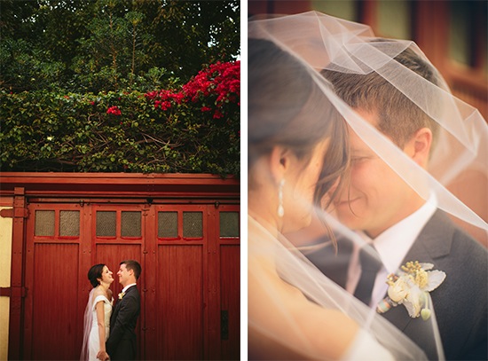 Bride and groom embracing on wedding day outdoor photoshoot