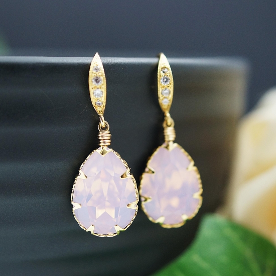 Elegant pink opal teardrop earrings with gold accents