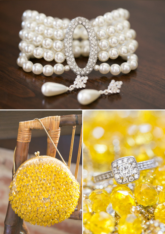 Elegant pearl bracelet, earrings, yellow beaded purse, and diamond ring